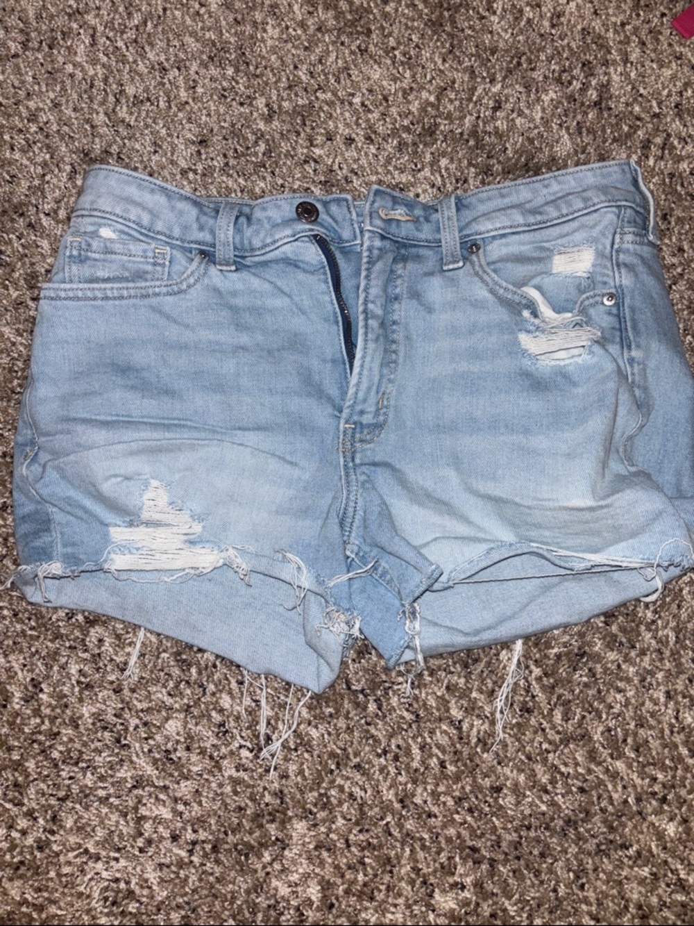 Light Blue Distressed Denim Shorts - Women's Casual Cutoff